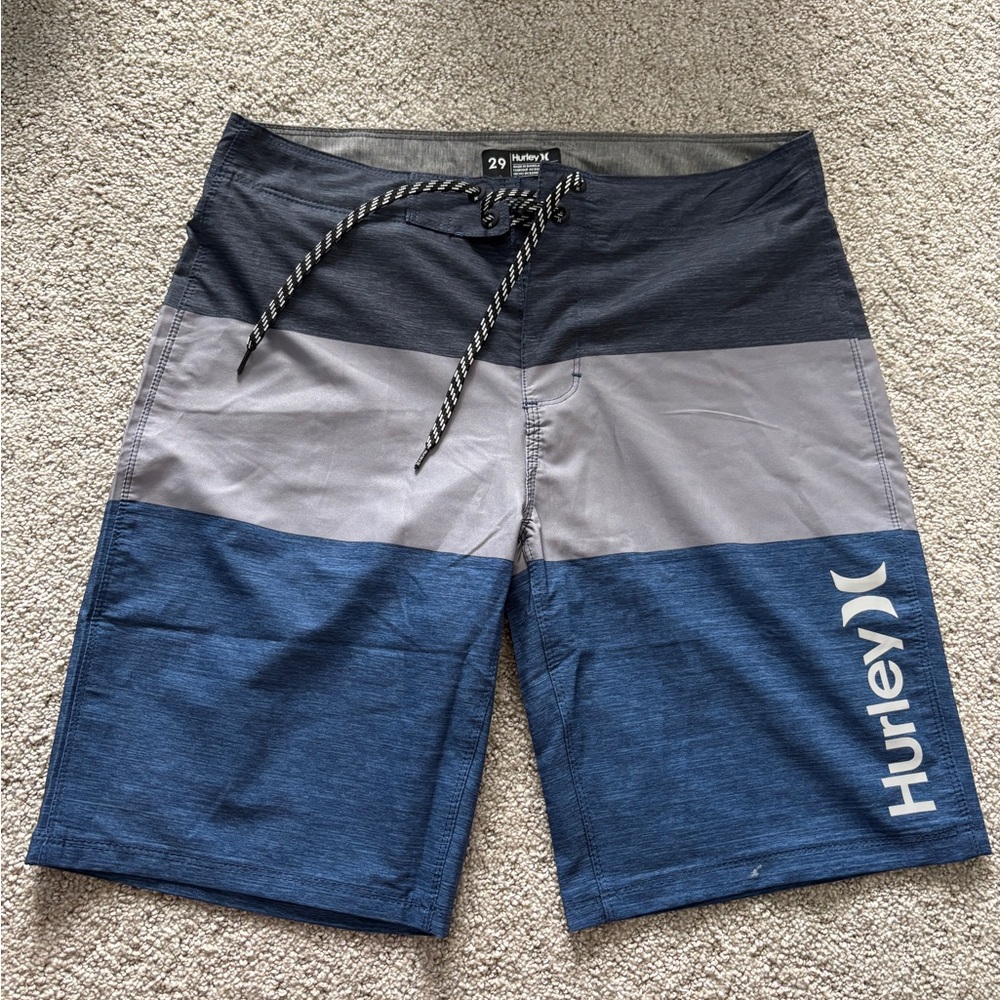 Hurley Blue and Gray Board Shorts with Color-Block Design